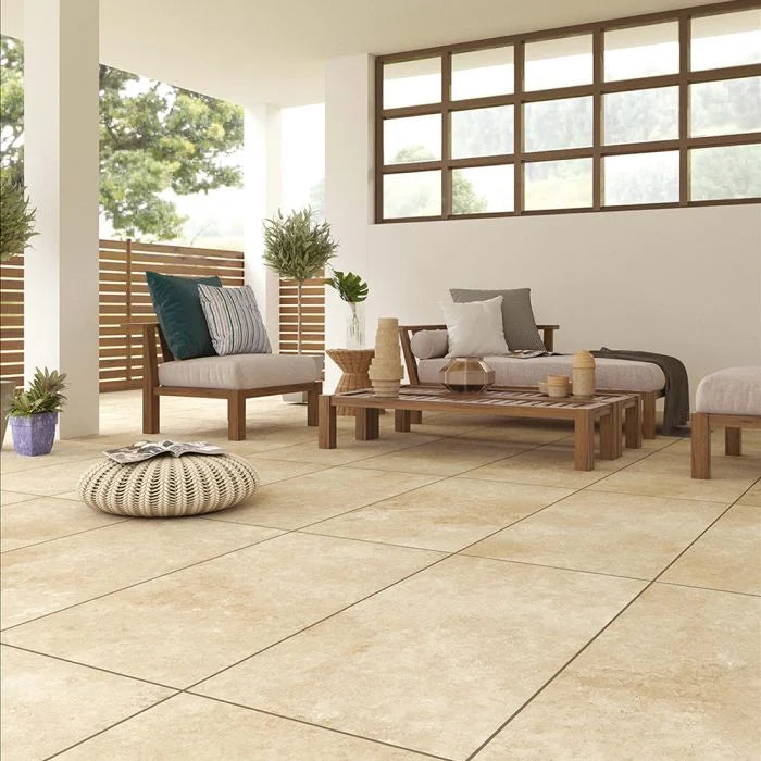 Travertino outdoor porcelain tile cut sample TILEJOB.CO.UK