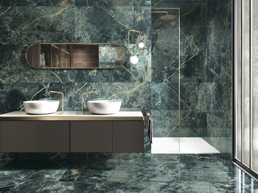 Icaro Musk Green Gloss Marble Effect Tiles 600x1200mm