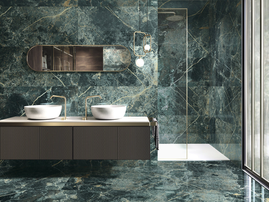 Icaro Musk Green Gloss Marble Effect Tiles 600x1200mm