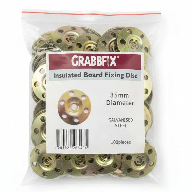 Galvanised Steel insulated board fixing discs, 35mm diameter, branded GRABBFIX. The discs are metallic gold/bronze.