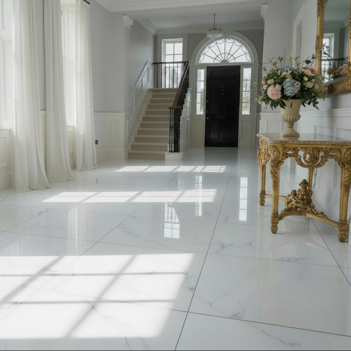 Matera White Gloss Large Format Marble Effect Porcelain Tiles 90x90cm