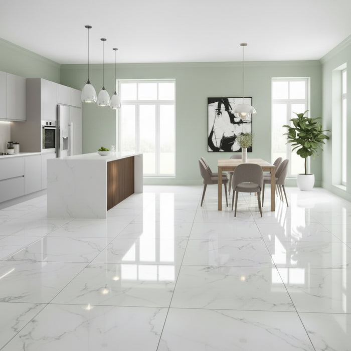 Matera White Gloss Large Format Marble Effect Porcelain Tiles 90x90cm