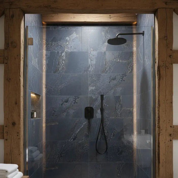 Planet Blue Oxide Metal Effect Wall & Floor Tiles shower cubicle 