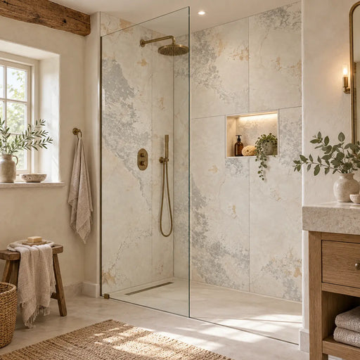 Planet Cream Oxide Metal Effect Wall & Floor Tiles shower cubicle