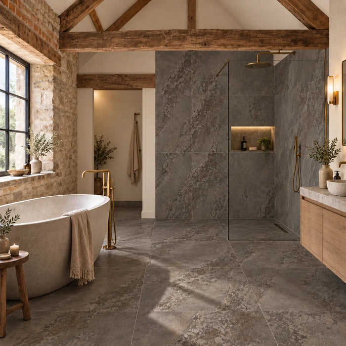 Planet Dark Oxide Metal Effect Wall & Floor Tiles 60x120cm bathroom space