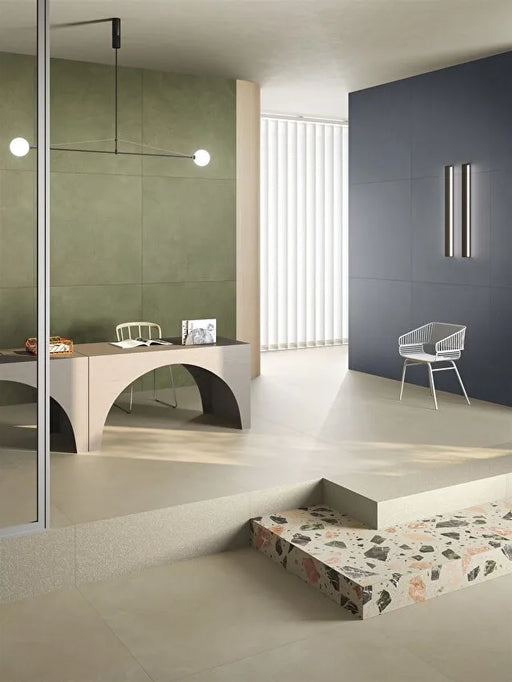 Modern interior design Resincrete Palladiano Fango Porcelain Tiles 120x120cm Terrazzo 