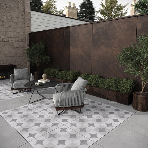 Concrete Parma Grey Patterned Outdoor Porcelain Tiles cut sample TILEJOB.CO.UK