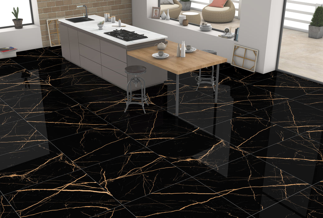 Golden Black Marble Effect Polished Porcelain Gloss tiles 60x60cm