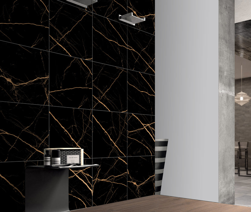 Golden Black Marble Effect Polished Porcelain Gloss tiles 60x60cm