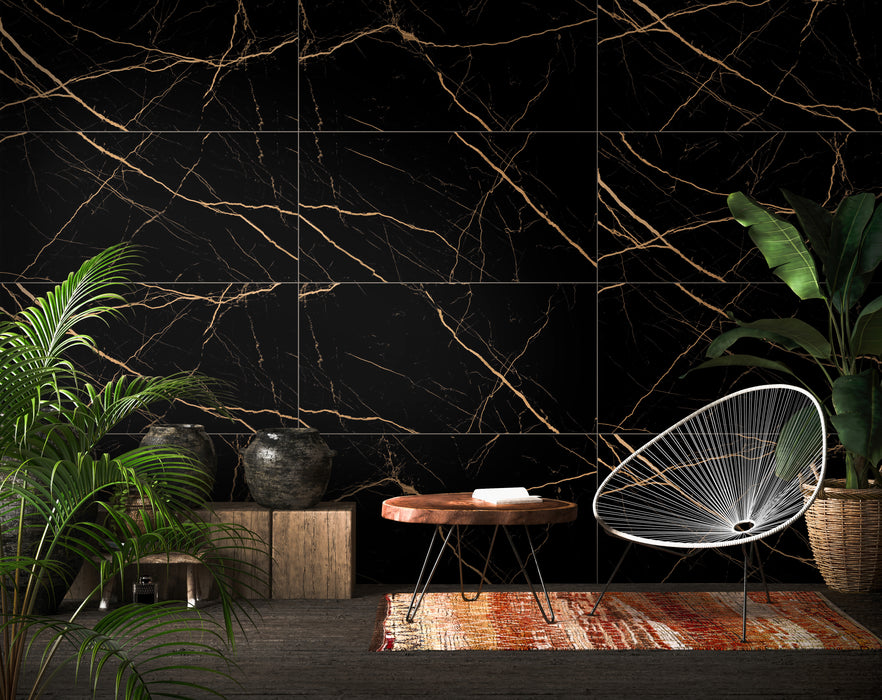 Golden Black Marble Effect Polished Porcelain Gloss tiles 60x60cm