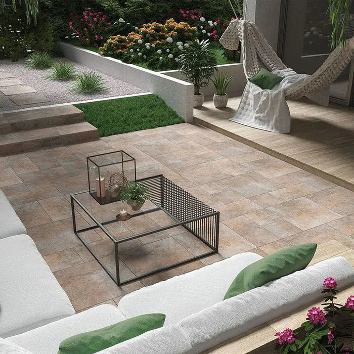 Burlington Rust Outdoor porcelain tiles patio kit Spectrum cut sample TILEJOB.CO.UK