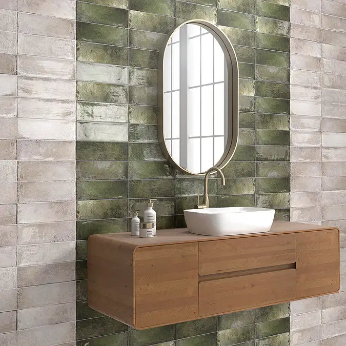 Oxford rustic green gloss wall tiles cut sample TILEJOB.CO.UK