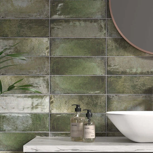 Oxford rustic green gloss wall tiles cut sample TILEJOB.CO.UK