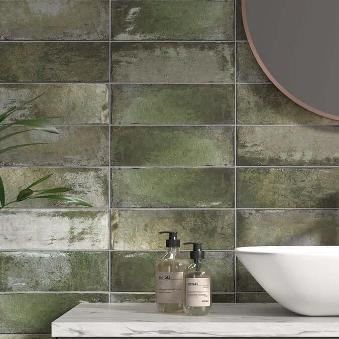 Oxford rustic green gloss wall tiles cut sample TILEJOB.CO.UK