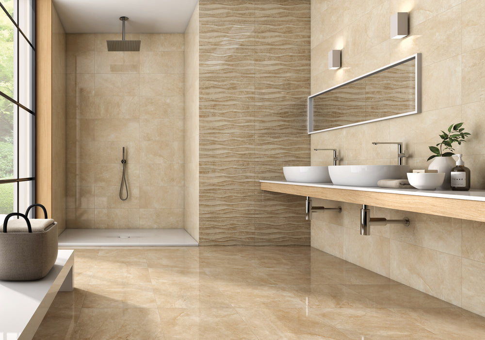 Pietra calda beige ceramic tiles cut sample