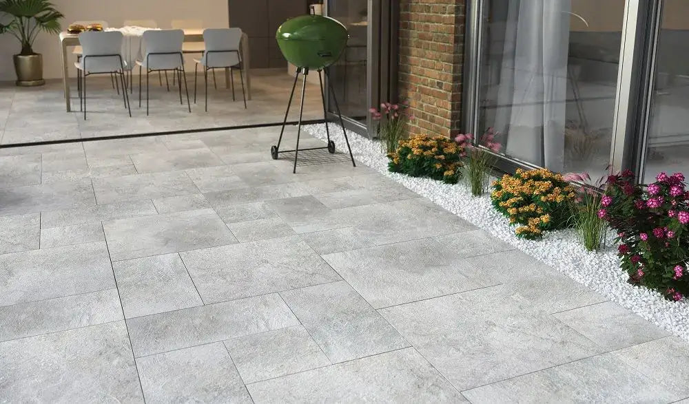 Burlington Silver Outdoor porcelain tiles patio kit Spectrum cut sample TILEJOB.CO.UK