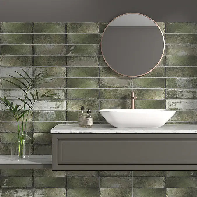 Oxford rustic green gloss wall tiles cut sample TILEJOB.CO.UK
