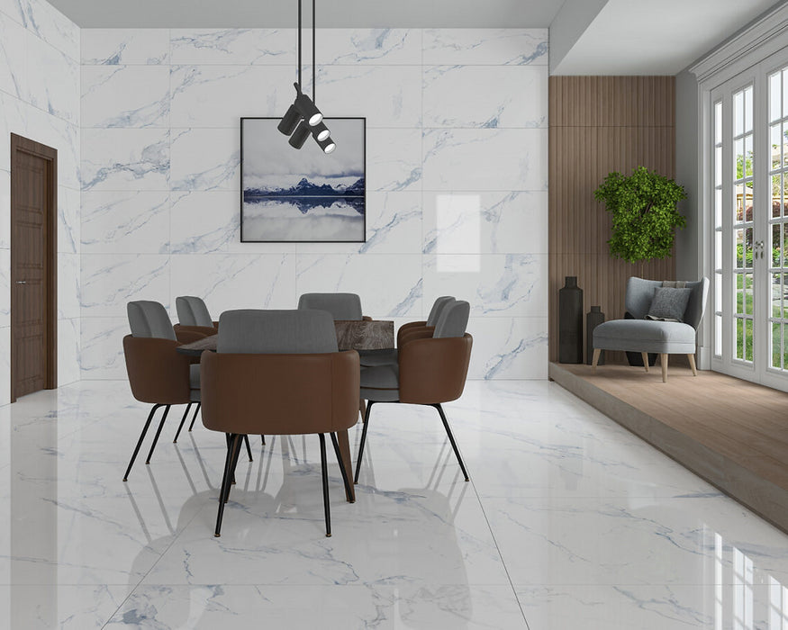 Light Carrara Blue Marble gloss and matt porcelain tiles 60x60cm, 60x120cm