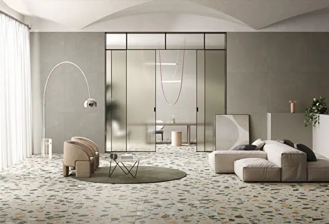 Resincrete Palladiano Neutral Grey Porcelain Tiles 120x120cm Terrazzo