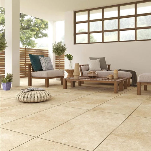 Travertino outdoor porcelain tile cut sample TILEJOB.CO.UK