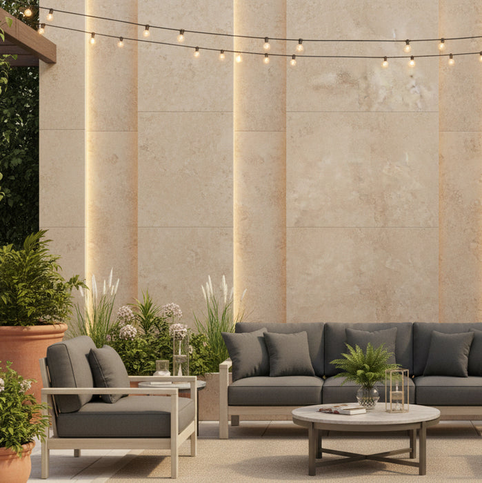 Travertino outdoor porcelain tile cut sample TILEJOB.CO.UK